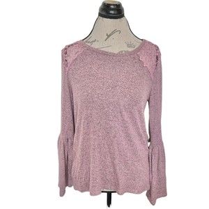 Liz Claiborne Womens Size Small Top Blouse Pink Bell Sleeves Embroidered Floral